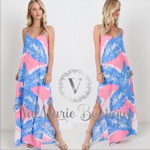 LAST 1! PALMS AWAY pink blue palm maxi dress